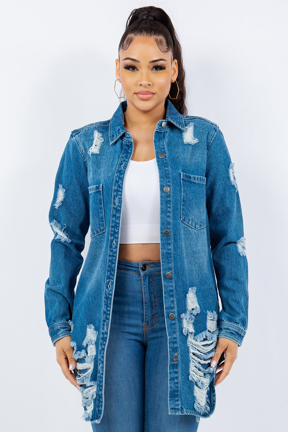 Distressed Button Up Long Sleeve Denim Jacket – Branded WC